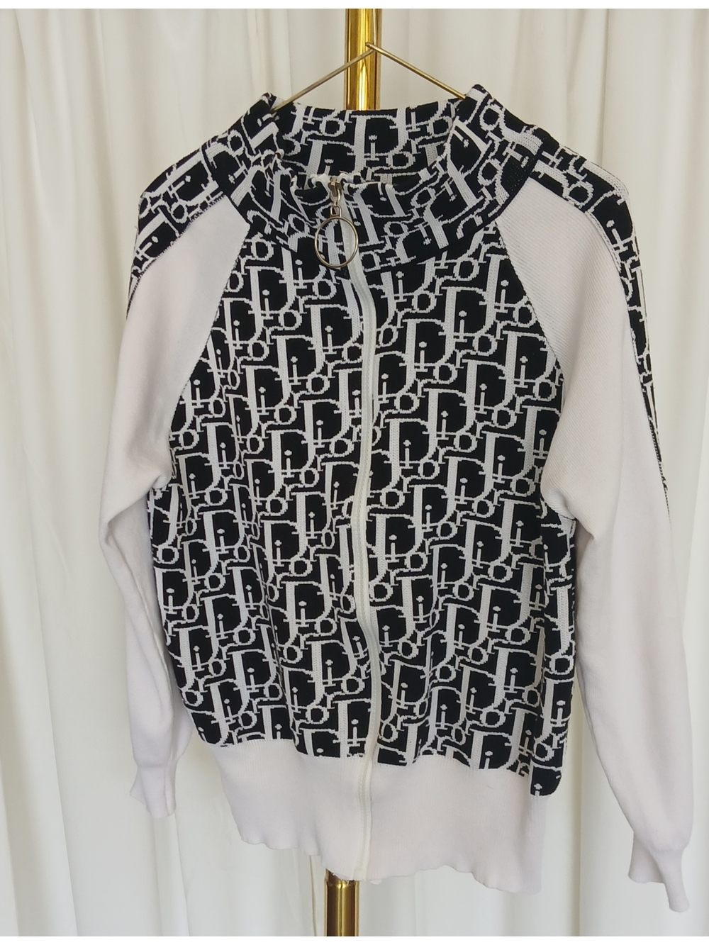 Black & White Logo Knit Zip-Up Jacket Not Authentic